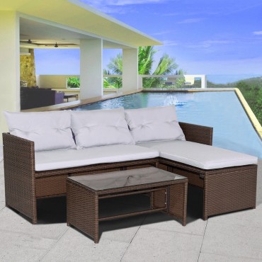 3 Pcs Outdoor Rattan Wicker Couch Sofa Furniture Set