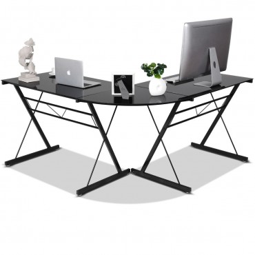 L-Shape Computer Desk Corner Laptop Table With Tempered Glass