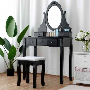Mirrored Jewelry Wooden Vanity Table Set With 5 Drawers