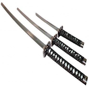 3 Piece Black & White Samurai Katana Sword Set Ninja with Stand
