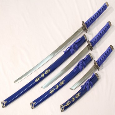 3 Piece Blue Katana Ying Yang symbol Sword Set