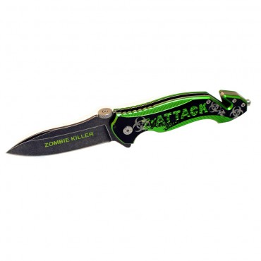 8 in. S/A Pocket Knife Zombie Killer Stone Wash Blade Metal Handle W/ Seat Belt Cutter