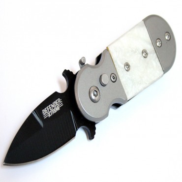 5 in. S/A Black & White Color Mini Push Button Knife Metal Handle W/Belt Clip