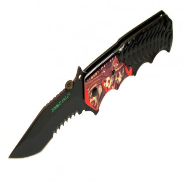 8 in. Black S/A Zombie Killer Stainless Steel Blade Pocket Knife Metal Handle W/ Thumb Stud