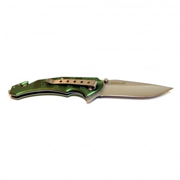 8 in. Green & Silver Stainless Steel Blade S/A Pocket Knife Metal Handle W/ Seat Belt Cutter