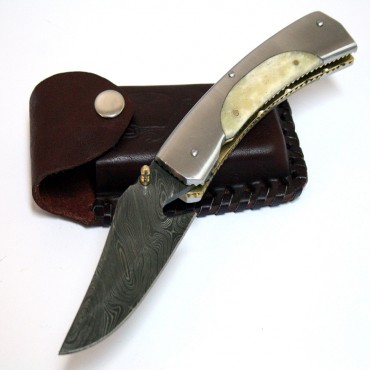 8 in. Damascus Steel Sharp Folding Knife Real Bone Handle Hand Made