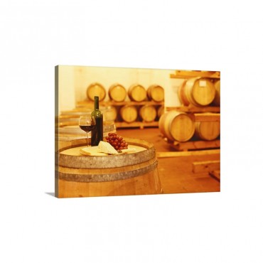 Wine Bottle With A Wineglass And Cheese On A Barrel Wall Art - Canvas - Gallery Wrap