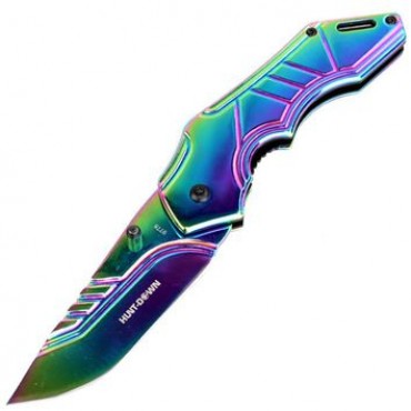 Hunt-Down 8 in. Spring Assisted Folding Knife Tactical Rescue - Rainbow Blade & Handle