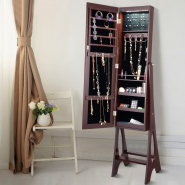 LED Jewelry Cabinet Armoire Organizer With Bevel Edge Mirror