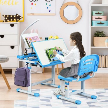 Adjustable Kids Desk Chair Set With Lamp And Bookstand