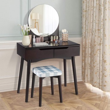 Round Mirror Cushioned Stool Dressing Table Vanity Table Set