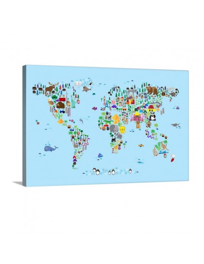 Animal Map Of The World For Children Light Blue Wall Art - Canvas - Gallery Wrap