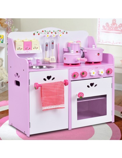 Kids Wooden Kitchen Toy Strawberry Pretend Cooking Playset